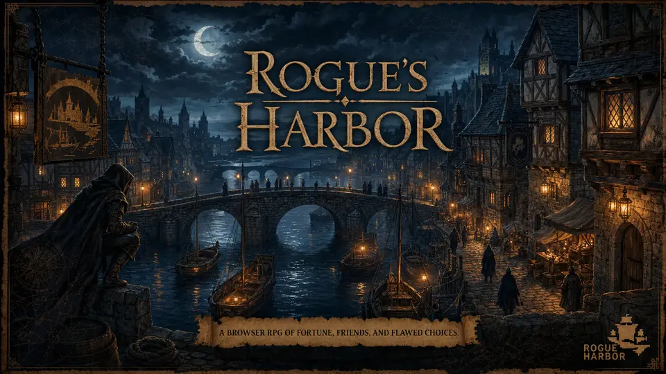 Rogue's Harbor moonlit fantasy harbor game art