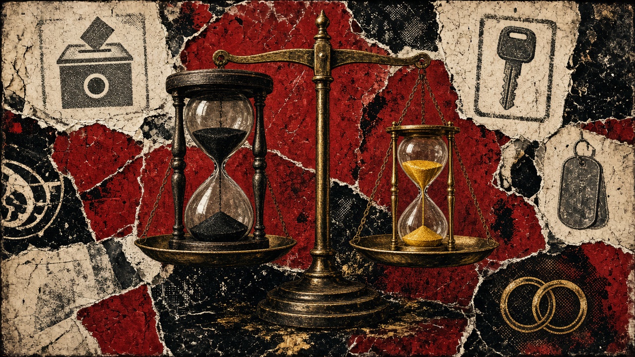 Punk wheatpaste poster of a brass balance scale holding a large dark hourglass and a small golden hourglass in perfect balance, surrounded by torn posters of a ballot box, car key, dog tag and wedding rings