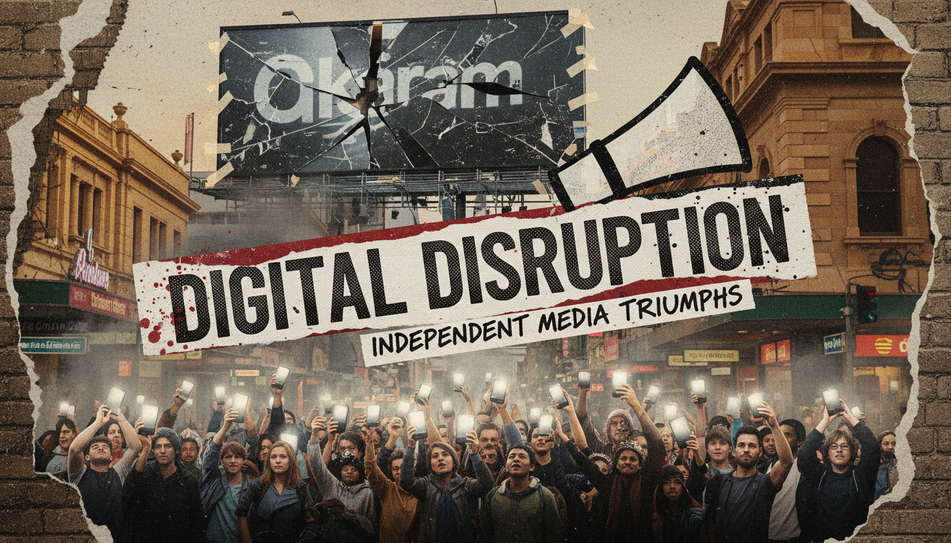 Punk‑style poster of a Sydney street corner with a broken corporate billboard, spray‑painted "Digital Disruption" text, crowds of people with smartphones, broken corporate logos, gritty texture, neon hazard yellow and muted gold.