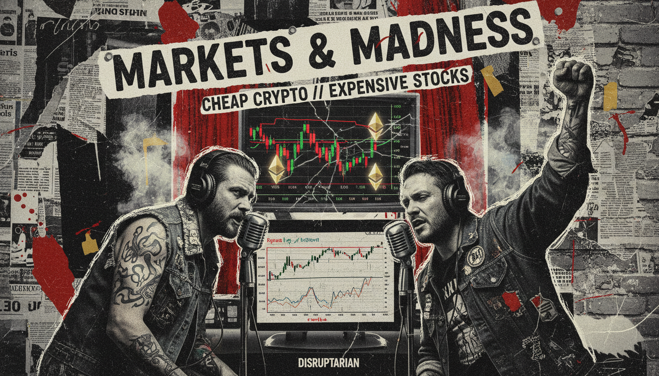 Gritty punk-style financial radio poster showing hosts, stock charts, crypto token mechanics, and a follow-the-money investigation.