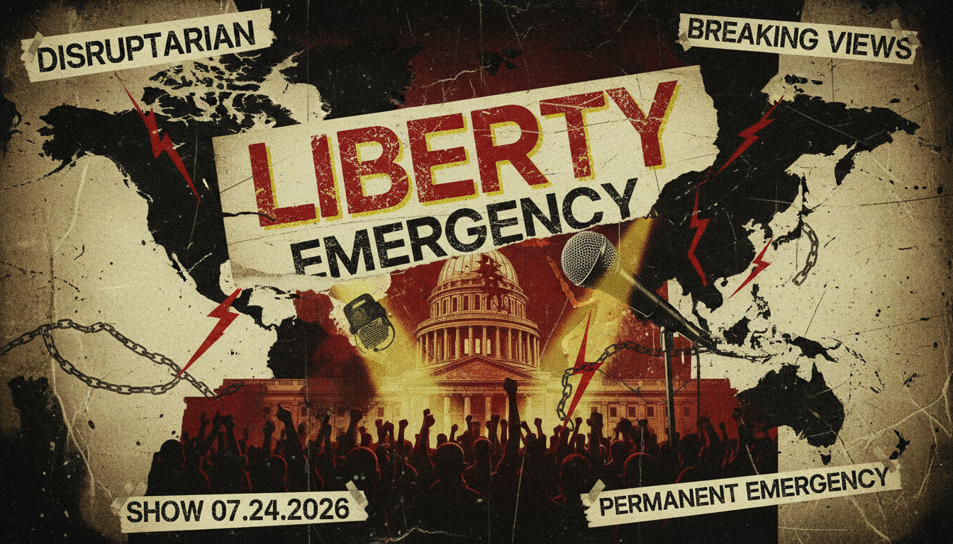 Realistic punk‑rock concert poster depicting a crowd, a microphone, a broken government building, and a stylized map with lightning bolts, rendered in distressed textures and bold poster type, reflecting the podcast theme of liberty amid permanent emergency.