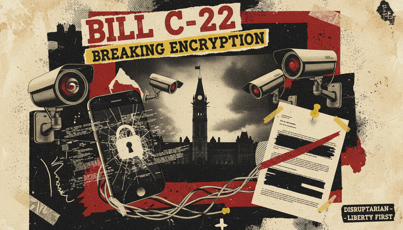 Dystopian Canadian cityscape with surveillance cameras and broken encryption padlocks.