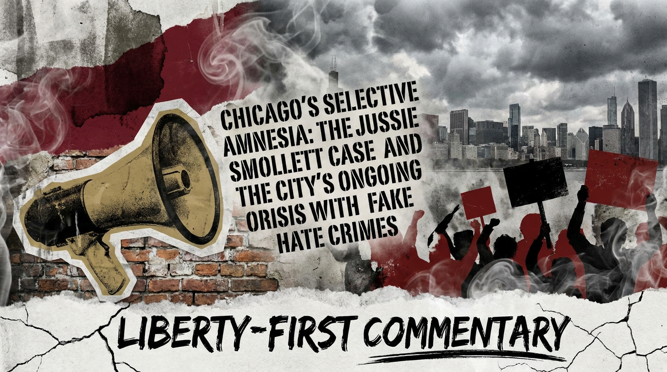 Chicago skyline at night with newspaper clippings referencing Jussie Smollett and fake hate crimes.