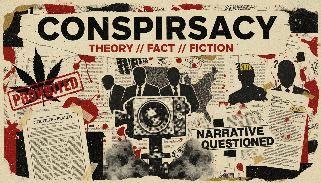 Disruptarian protest poster showing cannabis prohibition, sealed JFK files, MLK and Charlie Kirk narrative questions, and three labels: theory, fact, fiction.