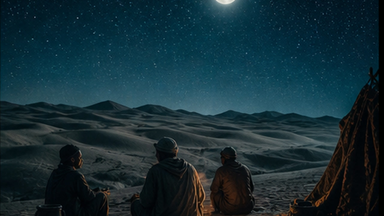 Twelve cinematic desert scenes show scarce water, rain collection, irrigation, honest exchange, pump repair, family sharing, green growth, and a moonlit horizon.