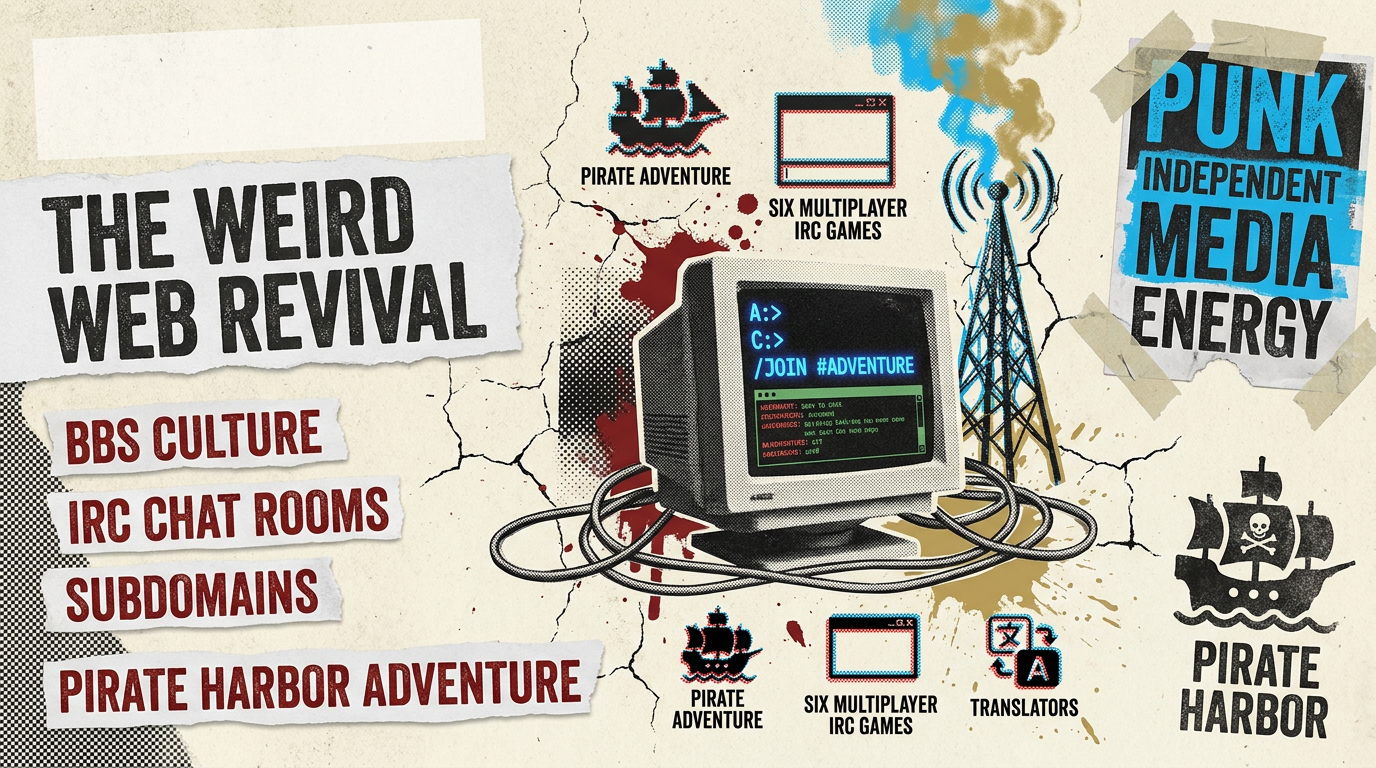 Disruptarian weird web revival collage with CRT terminal, IRC chat games, radio tower, translator apps, and old-school BBS energy