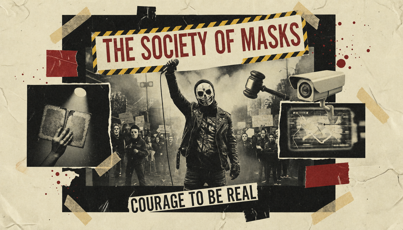 Gritty punk-poster collage of a masked figure confronting surveillance, conformity, and a crowd beneath the words The Society of Masks.