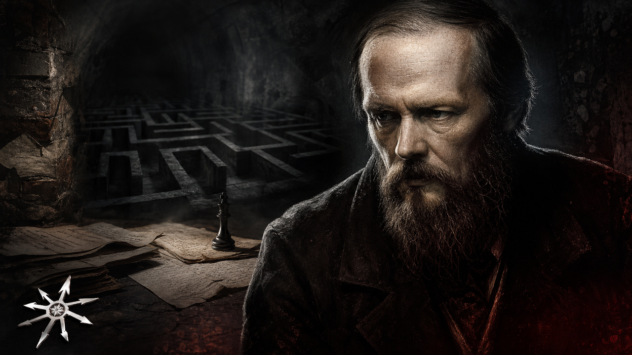 Fyodor Dostoevsky in a dark underground room where manuscript pages form a labyrinth