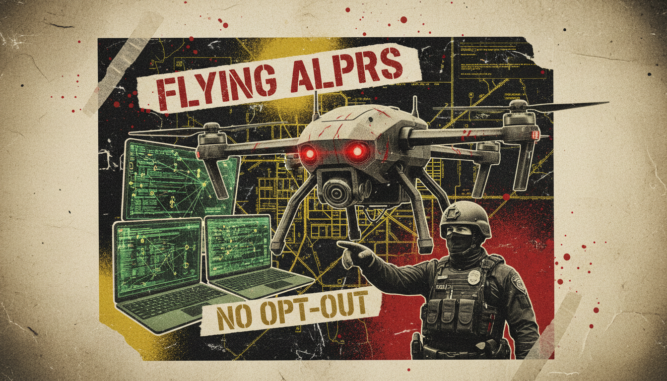Gritty punk-rock poster of a surveillance drone with red eyes, police officers, and hacked screens showing drone flight paths on torn paper