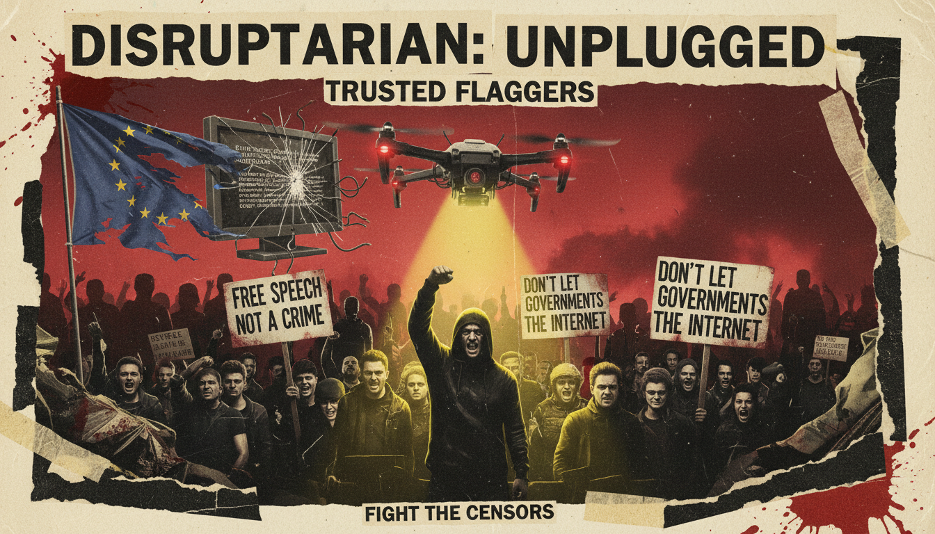 Punk protest against DSA Trusted Flagger Guidelines with surveillance imagery and free speech symbols