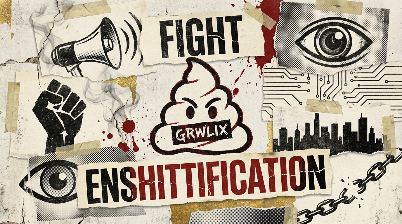 A torn, distressed poster collage featuring a stylized poo emoji, megaphone, fist, surveillance eye, broken chain, and city skyline, all rendered in oxblood red, charcoal black, and muted gold accents.