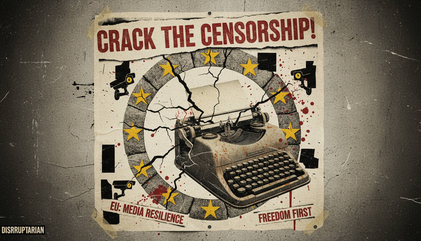 A gritty, punk-rock style poster featuring a cracked EU star and a typewriter, symbolizing the tension between institutional resilience and independent media.