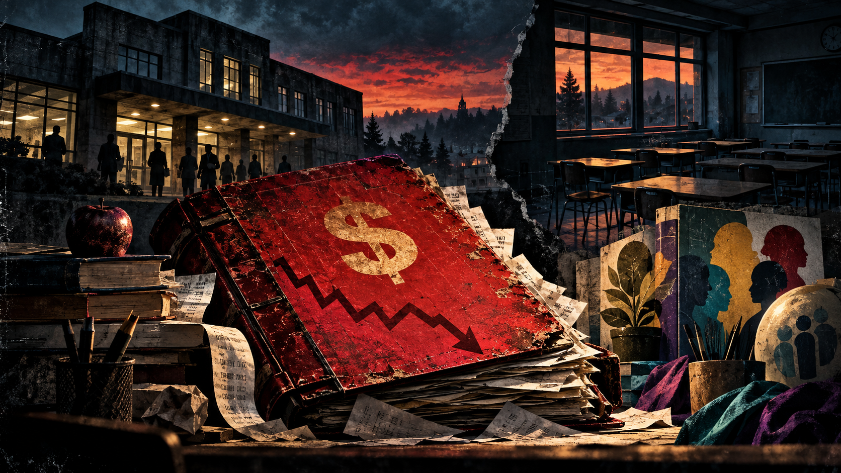 Gritty cinematic editorial illustration of a school district budget ledger, empty classroom, and public accountability.