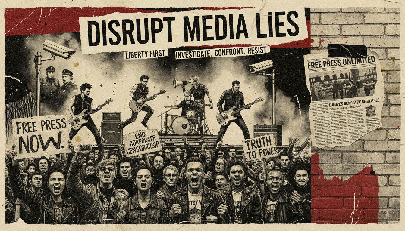 Gritty punk-rock poster with protesters, surveillance, and Free Press Unlimited report clippings on distressed paper