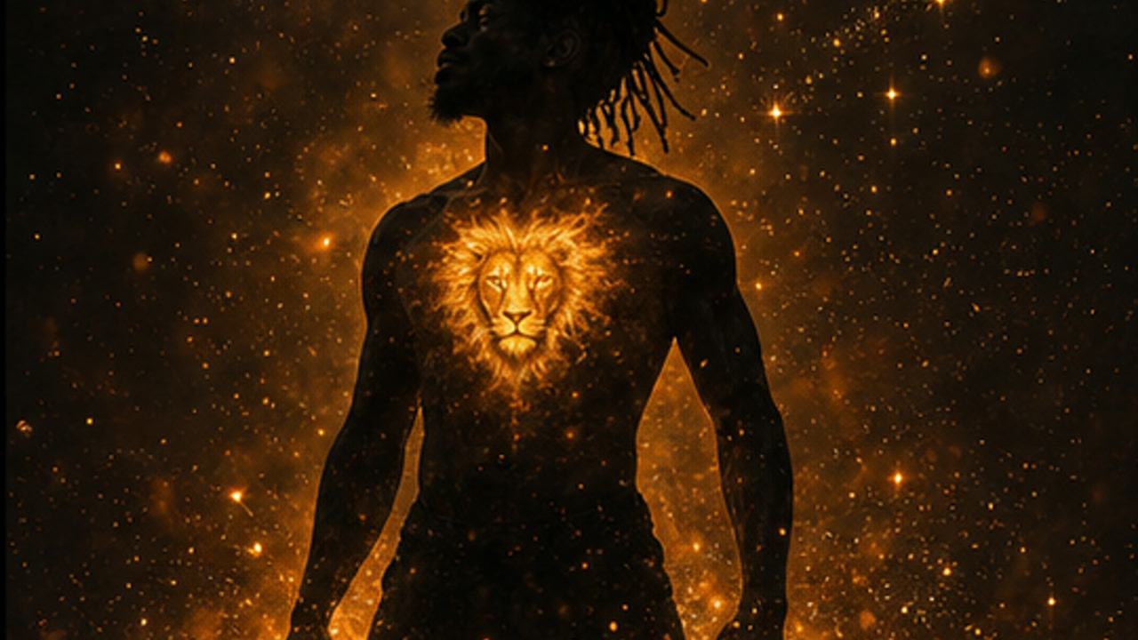 A lion-hearted survivor stands amid warm embers after a fire, symbolizing gentleness protected by strong boundaries.