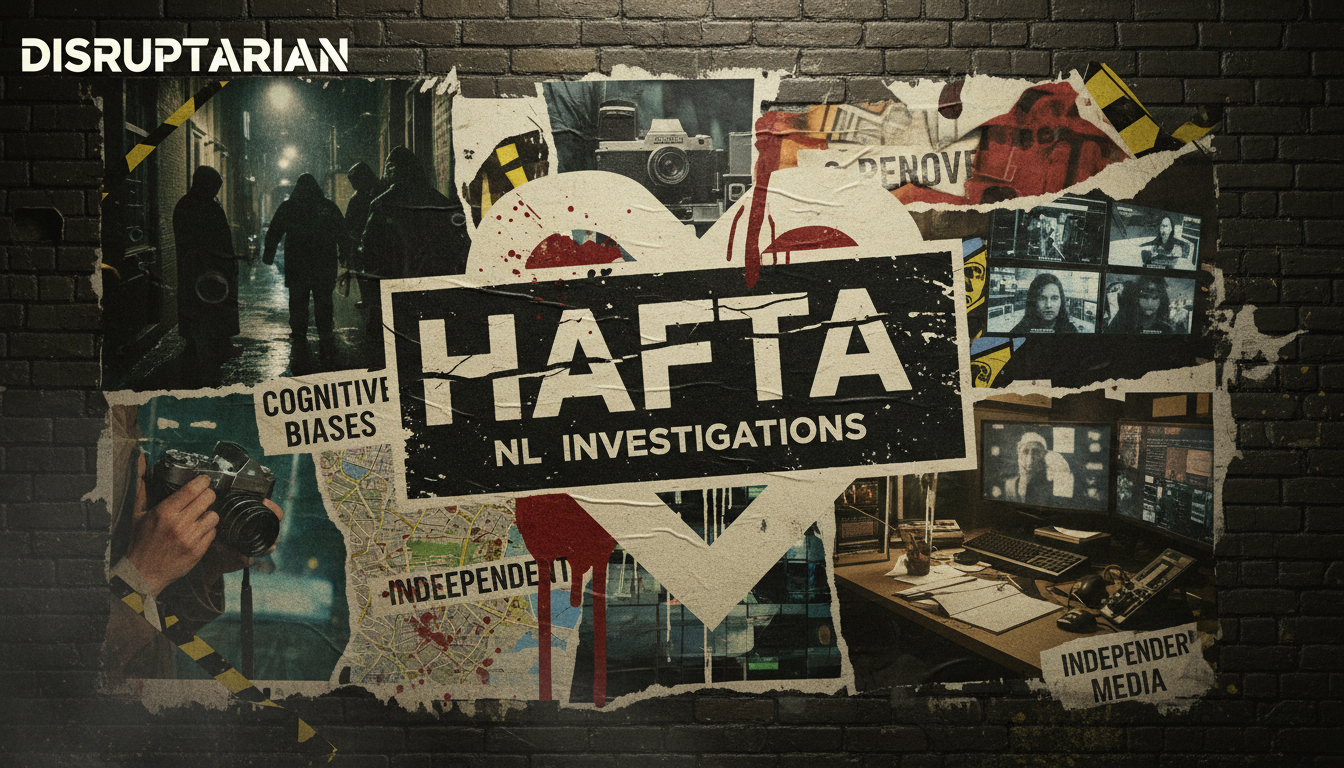 Haft campaign letter investigation poster: A gritty night scene in the Netherlands featuring distorted white 'Haft' letters on black background with torn paper elements, realistic people looking away, heavy smoke, high-contrast neon lights, wet pavement reflections. Gritty texture overlay suggesting corruption and media distortion.