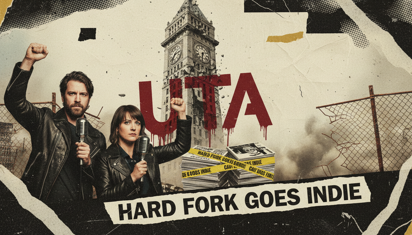 Punk‑rock concert‑poster style image of Hard Fork podcasters with mics, NYT building, UTA logo, indie zines, hazard tape, and distressed textures, headline reads ‘HARD FORK GOES INDIE’.