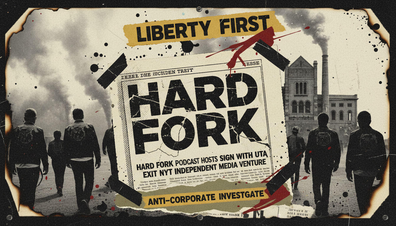 A gritty cinematic poster featuring distressed photocopy of 'Hard Fork' logo on worn paper surrounded by silhouettes walking away from an industrial building at night under smoky conditions. The composition uses hard contrast lighting and muted gold tones mixed with oxblood red paint splatters to evoke a confrontational atmosphere.