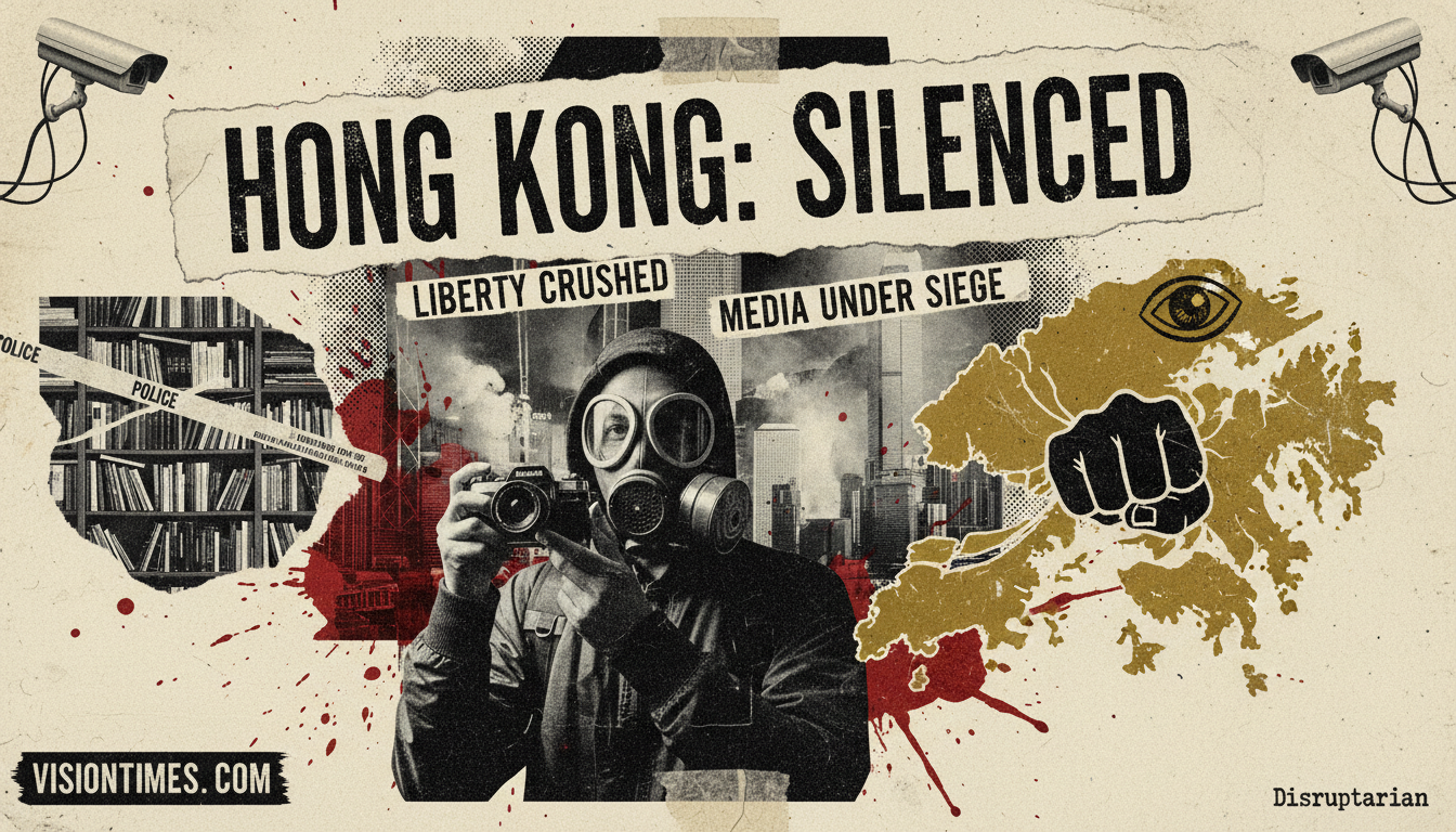 A gritty punk-rock concert flyer featuring a distorted map of Hong Kong with torn paper overlays, black ink blocks on white background, oxblood red paint splatters, smoke swirls, halftone noise texture, distressed typography in ripped-paper style. The image conveys the tension and disruption associated with 'National Security Era' themes.