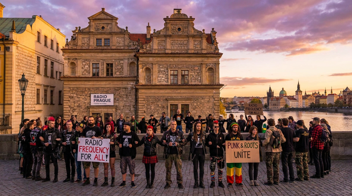 Human chain around Czech Radio in Prague, protesting for independent media