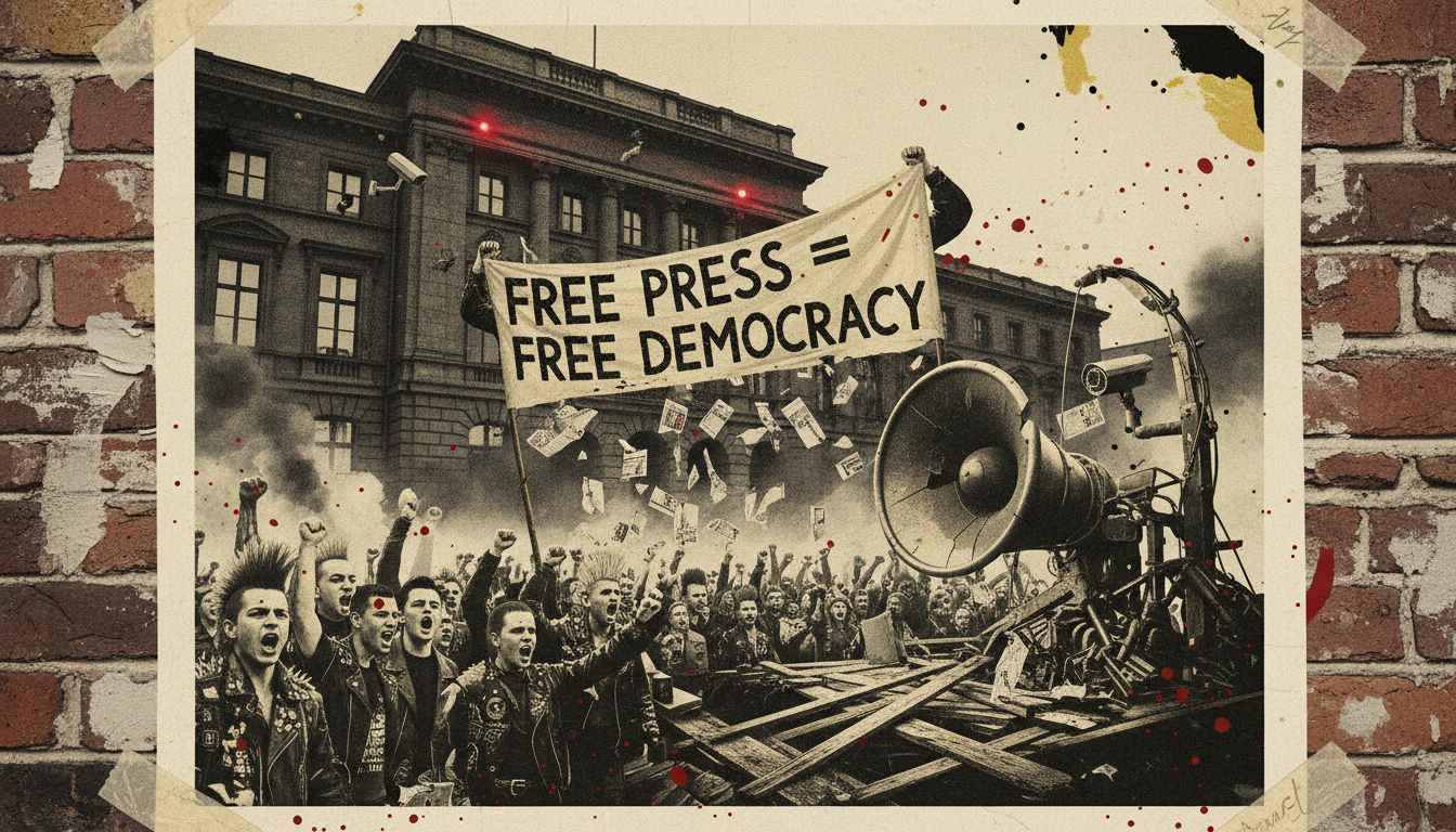 A chaotic punk concert scene symbolizing media resilience, with a courthouse in the background and protest banners. Oxblood red and muted gold tones dominate the gritty poster style.
