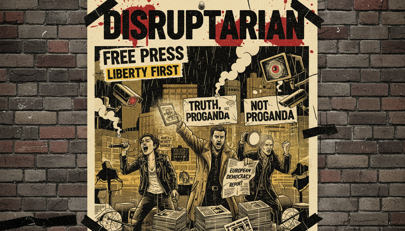 Punk-rock style poster featuring journalists on a stage, holding newspapers, surrounded by protest signs, surveillance cameras, and a cityscape, gritty textures and distressed typography.