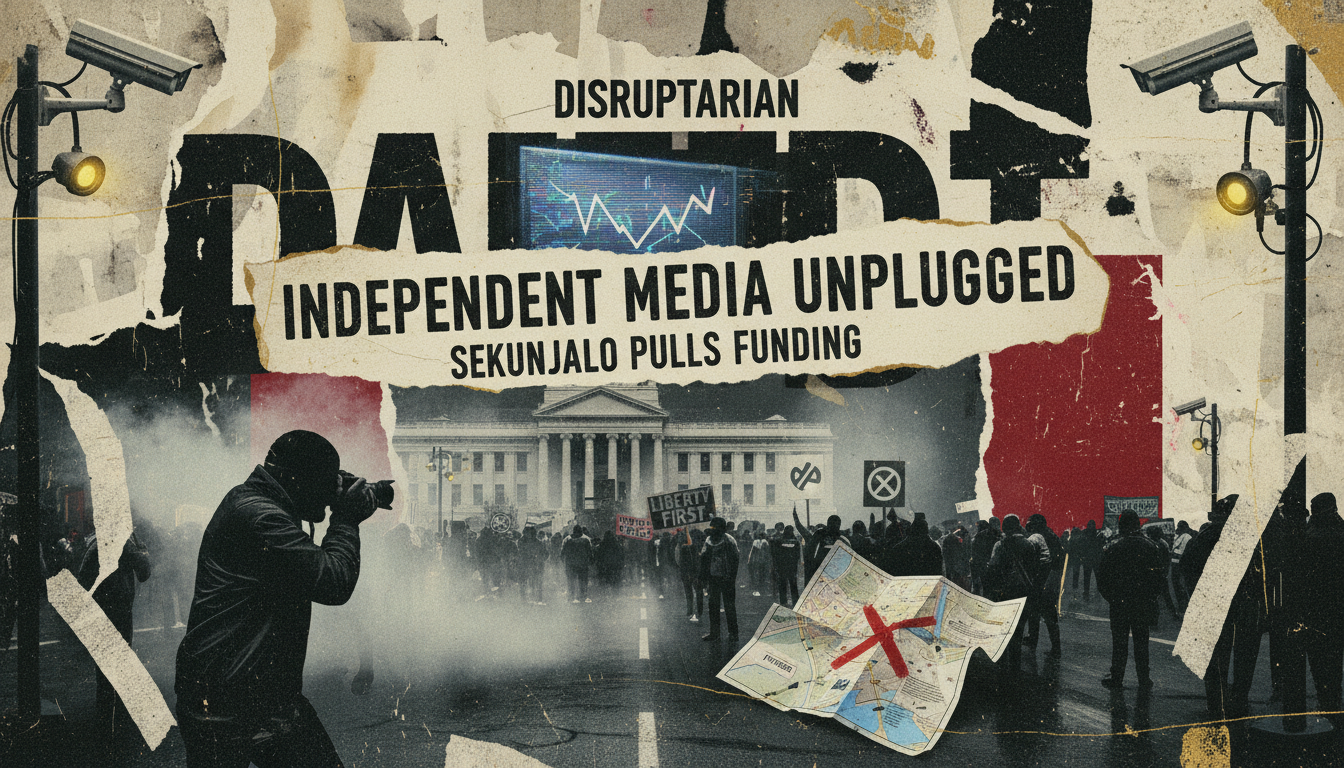Modern industrial punk concert poster featuring distressed newspaper torn pages with headlines about corporate funding withdrawal in South Africa