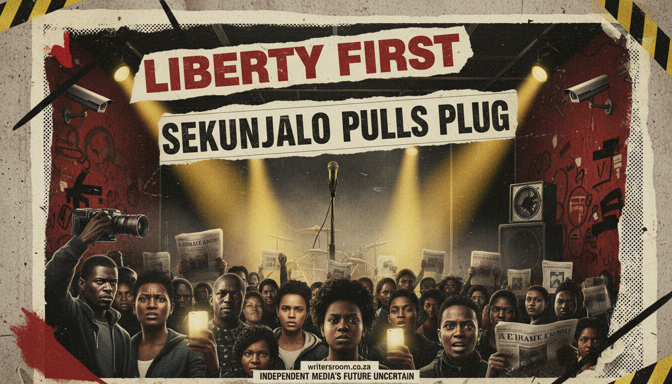 Punk-rock protest poster for Sekunjalo's funding withdrawal with chaotic, gritty elements