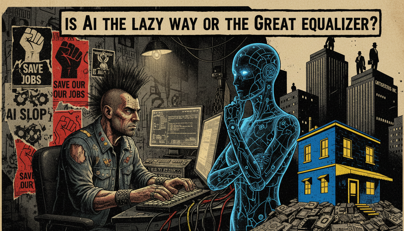 Disruptarian illustration asking whether AI is the lazy way or a great equalizer for independent builders
