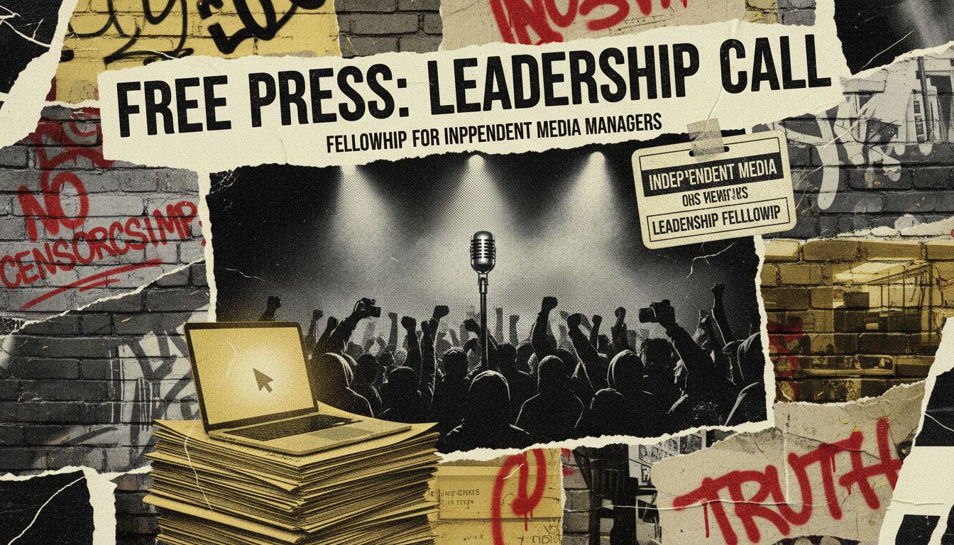 Punk‑rock poster demanding independent media managers apply for a leadership fellowship