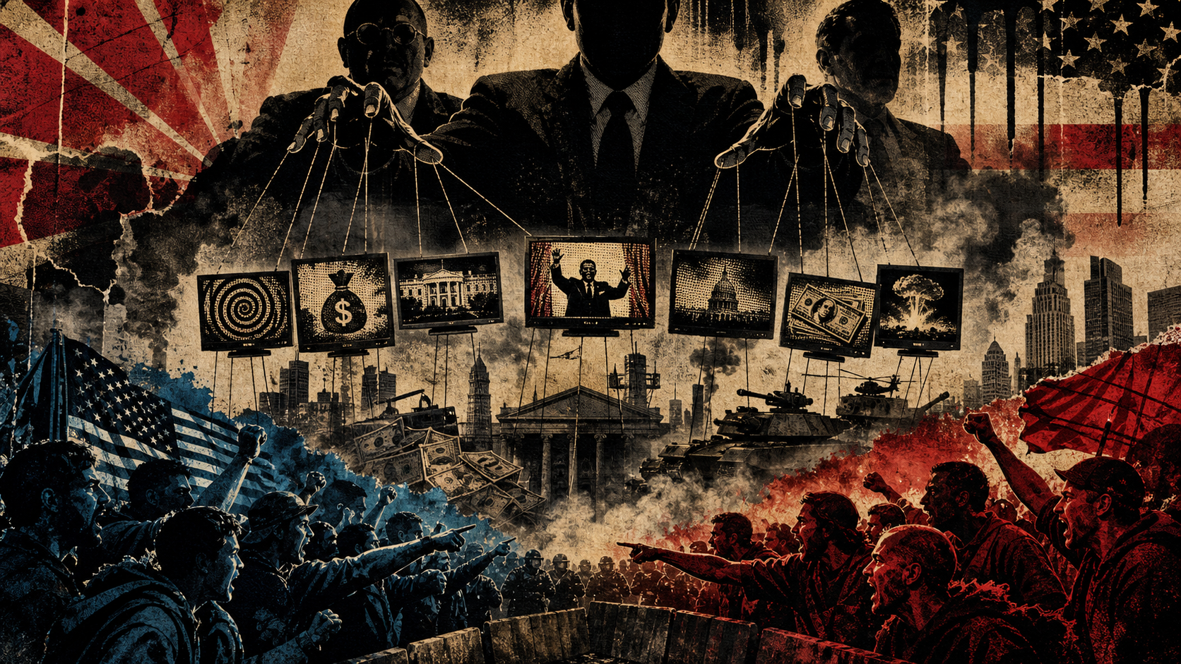 Gritty Disruptarian political collage of red and blue crowds confronting each other while shadowy elite figures manipulate media, money, and war from above.