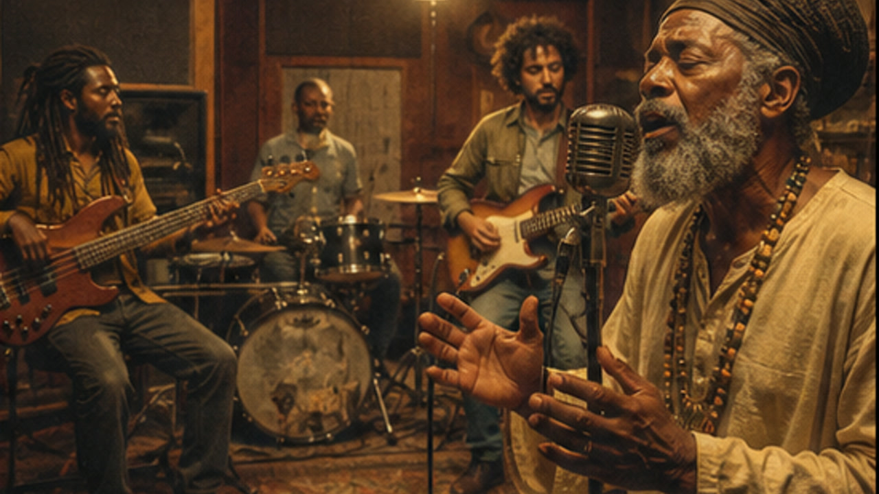 A mature roots-reggae singer performs in a warm analog studio, symbolizing inner light, independent worth, and free human connection.
