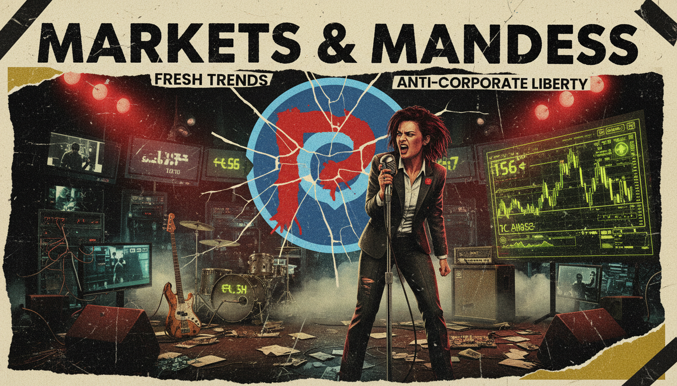 Gritty punk concert-poster scene showing a crypto trading terminal, Coinbase-style emblem, earnings-call documents, podcast equipment, and a divided crowd under the headline Markets and Madness.
