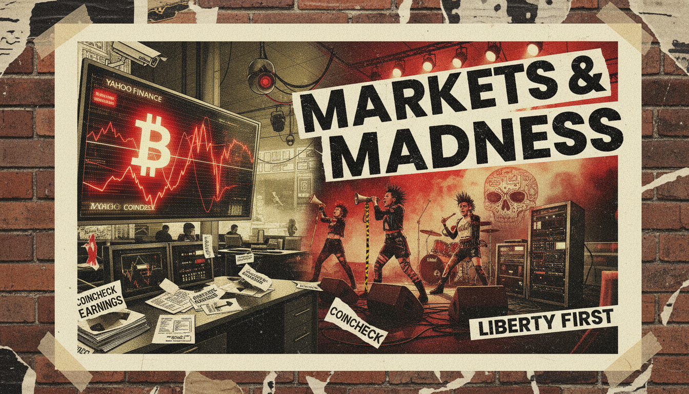 A gritty punk concert-poster scene showing crypto traders, Coincheck earnings documents, custody hardware, Japanese market screens, and a retail-investor barrier.