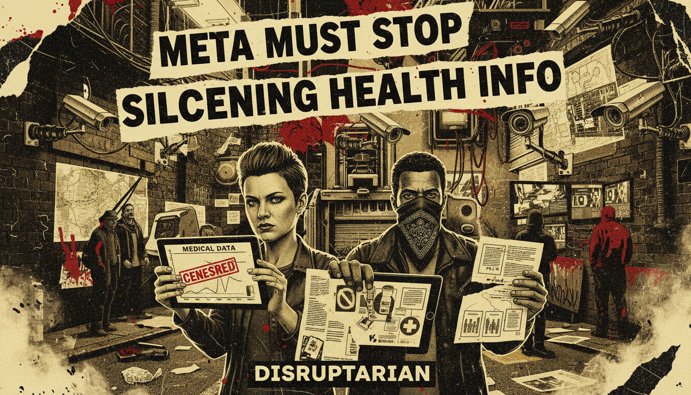 A gritty punk concert flyer featuring realistic people holding torn paper against industrial machinery, with blurred surveillance cameras and maps in the background under harsh oxblood red paint splatters on black ink blocks