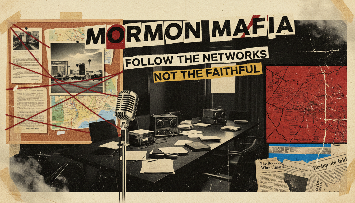 Gritty investigative poster collage showing an evidence board, desert city silhouette, vintage files, and a microphone.