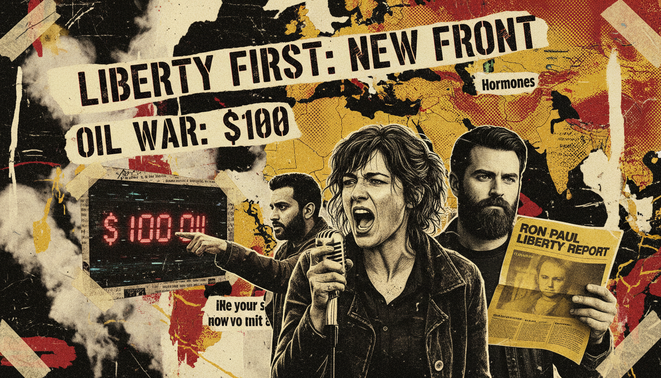 Punk-rock concert poster depicting a female microphone holder, a male figure with a Ron Paul Liberty Report, and another pointing at an oil price ticker, set against a gritty wheatpasted wall with oil rig, Houthi front line map, and bold distressed typography.
