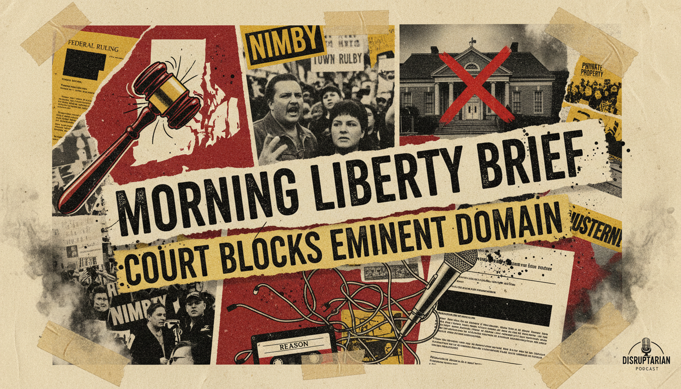 Punk-style investigative poster showing a Rhode Island housing site, condemnation papers, a federal courthouse, and property owners resisting eminent domain.
