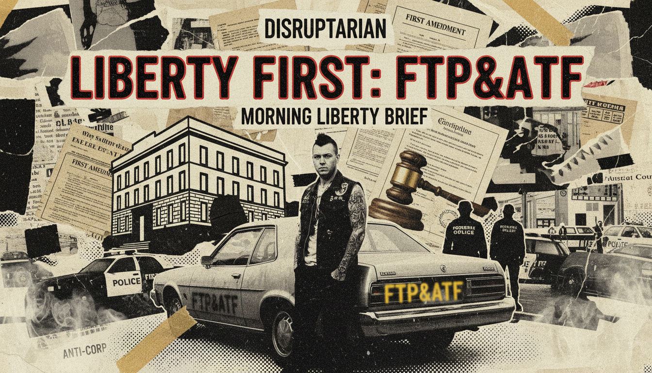 Punk-style investigative poster showing a Virginia FTP&ATF vanity plate, court papers, and First Amendment imagery in a license-plate censorship dispute.