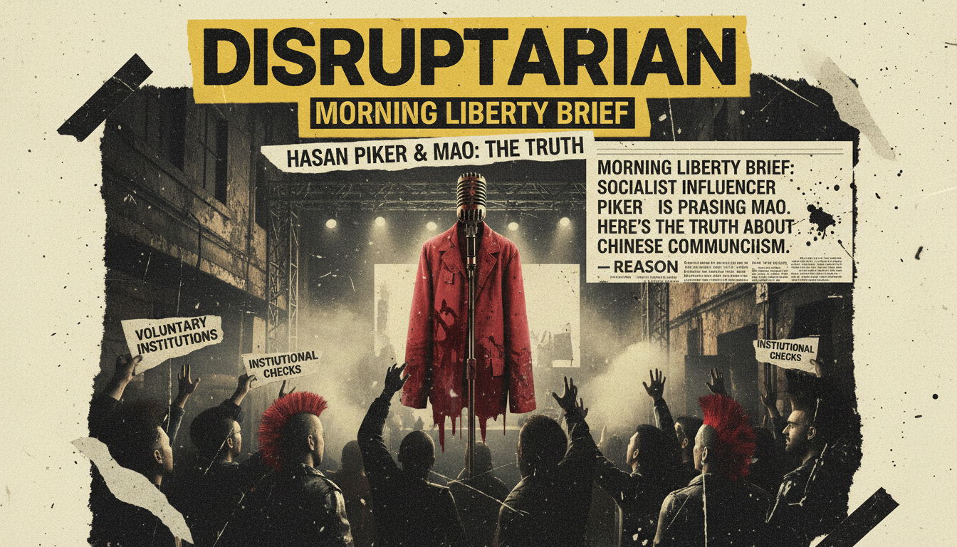 Punk-rock concert poster featuring a microphone with a Mao‑style jacket, crowd holding liberty‑themed flyers, distressed Reason article background, wheatpaste texture, torn paper, halftone wear, smoke, scratches, black ink blocks, oxblood red paint, dirty cream paper, hazard yellow tape, muted gold highlights, and bold headline 'MAO? LIBERTY?'