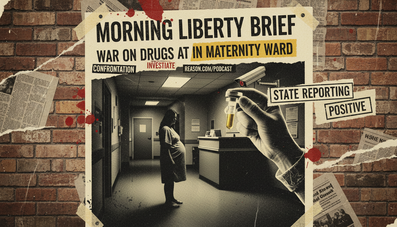 Gritty punk poster showing a maternity ward, drug-test vial, state reporting paperwork, surveillance camera, and child-welfare file to represent the fight over medical consent and pregnancy drug testing.