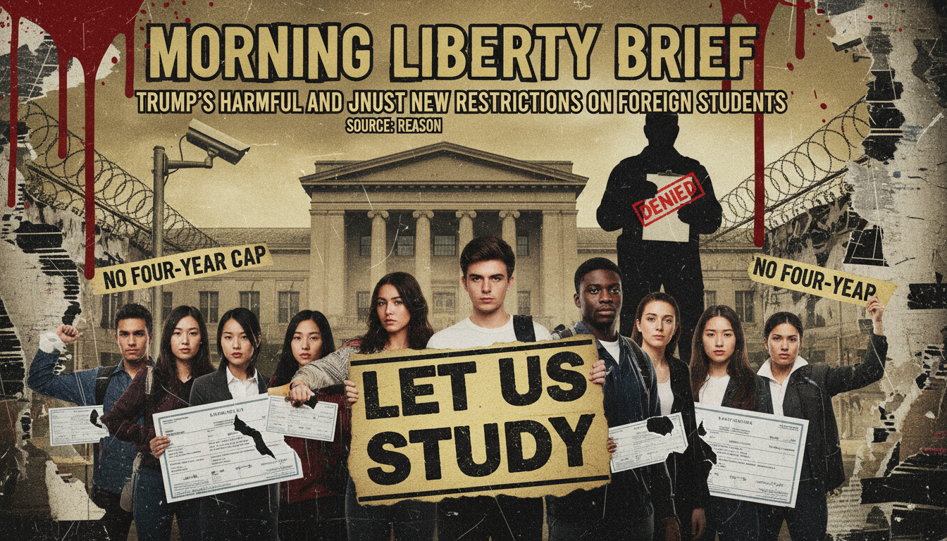 Punk‑rock poster of international students protesting DHS visa restrictions, with torn visa papers, a DHS agent, surveillance gear, and distressed textures.