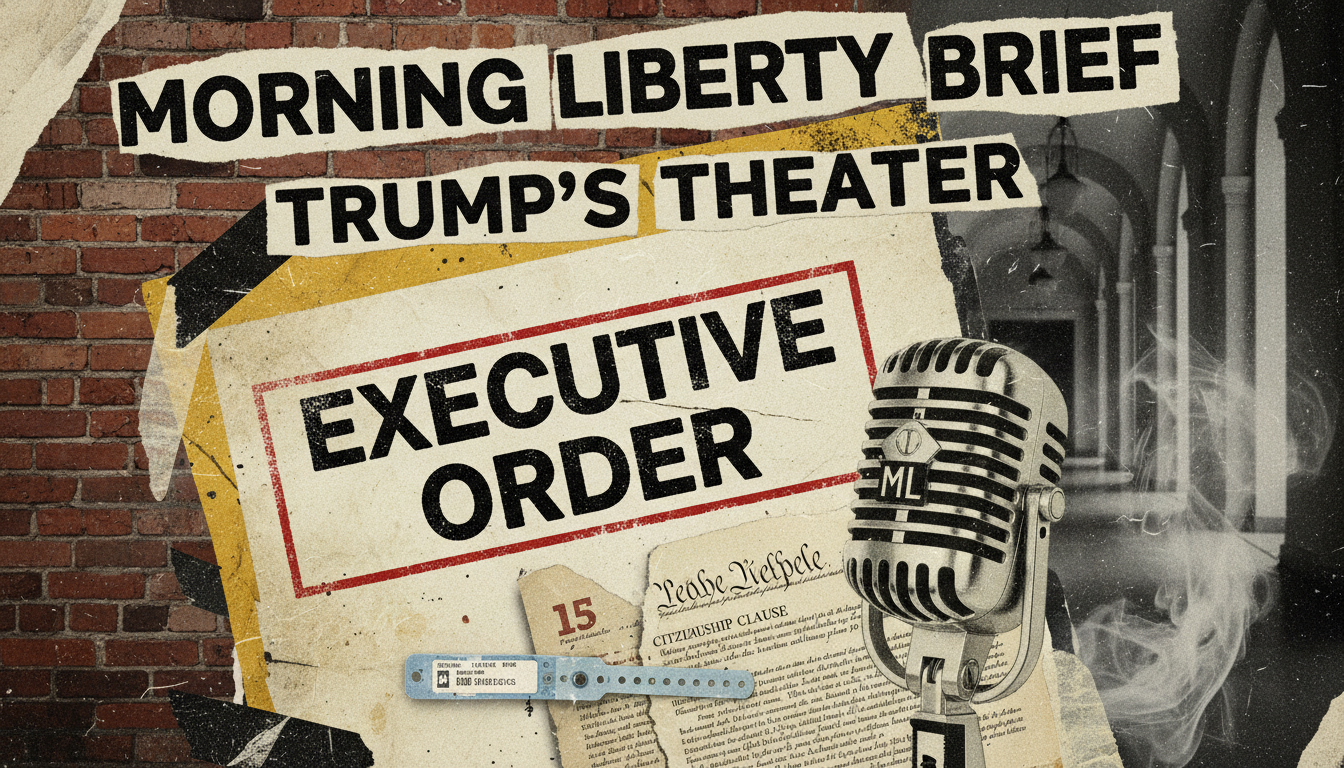 Distressed punk investigative poster showing an executive-order document, courtroom desk, newborn hospital bracelet, Fourteenth Amendment page, and podcast microphone.