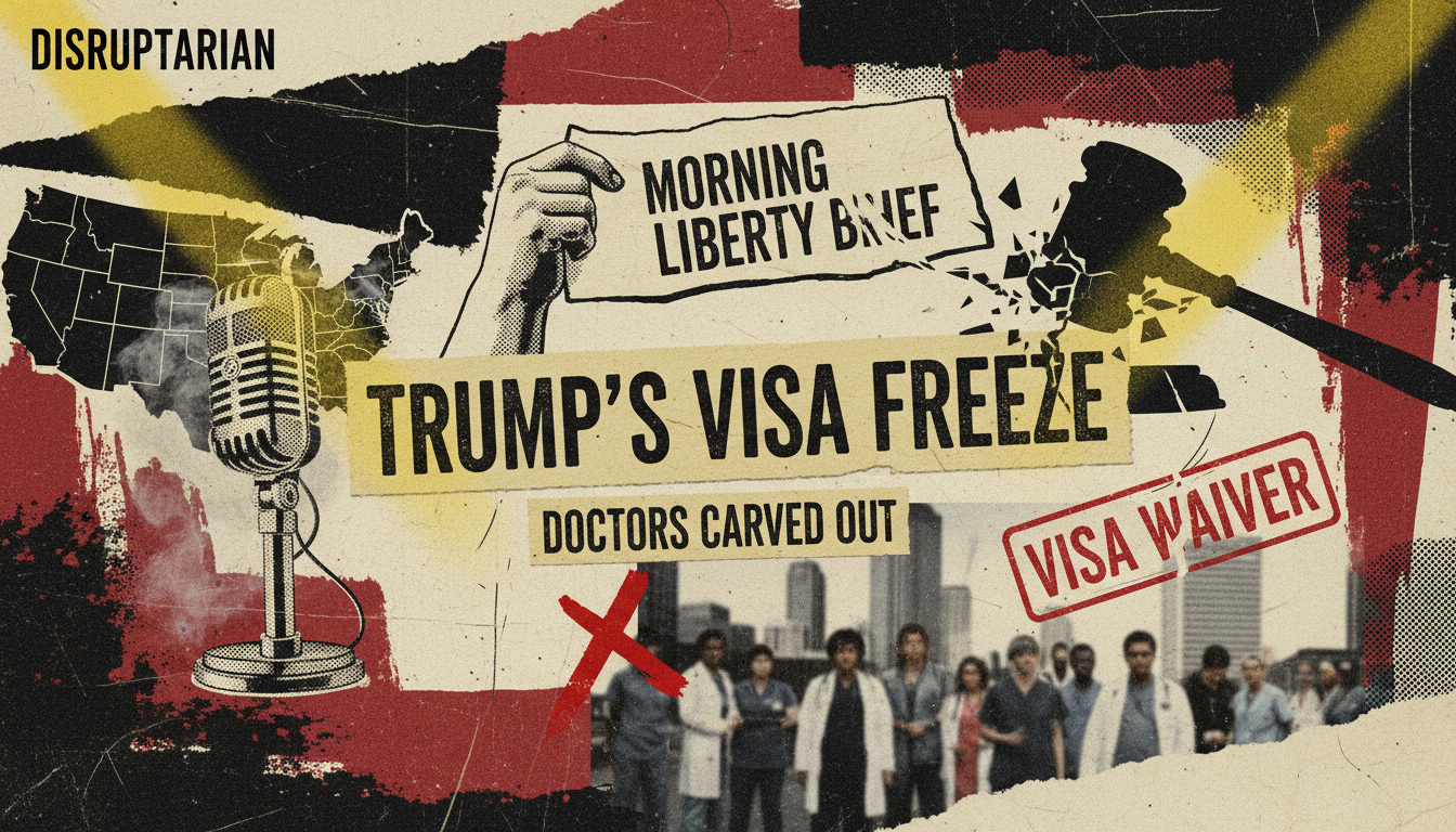 Gritty punk poster showing a foreign-trained doctor, rural hospital, visa paperwork, and government website during a quiet visa freeze exemption.