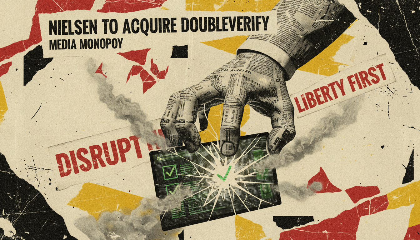 Punk-style concert poster showing a corporate hand crushing a digital verification screen, symbolizing Nielsen's acquisition of DoubleVerify and the erosion of independent media measurement