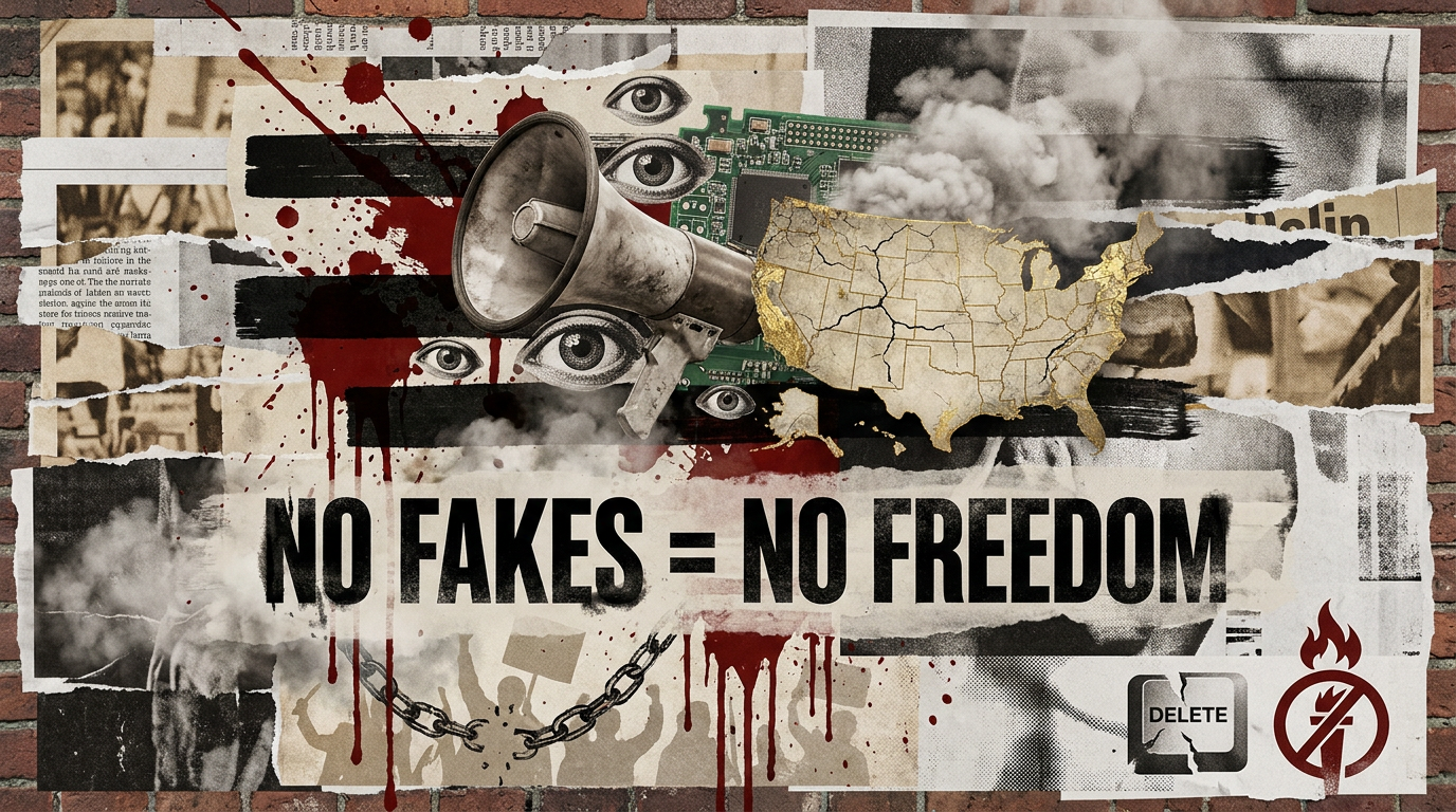 NO FAKES bill as a fascist censorship tool, visualized through a gritty, anti-corporate collage with protest symbols and digital decay