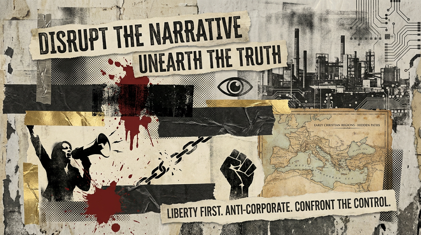 Torn paper collage poster with megaphone, chain, and surveillance eye, distressed typography over a wheatpaste texture, symbolizing the fight against corporate religious narratives.