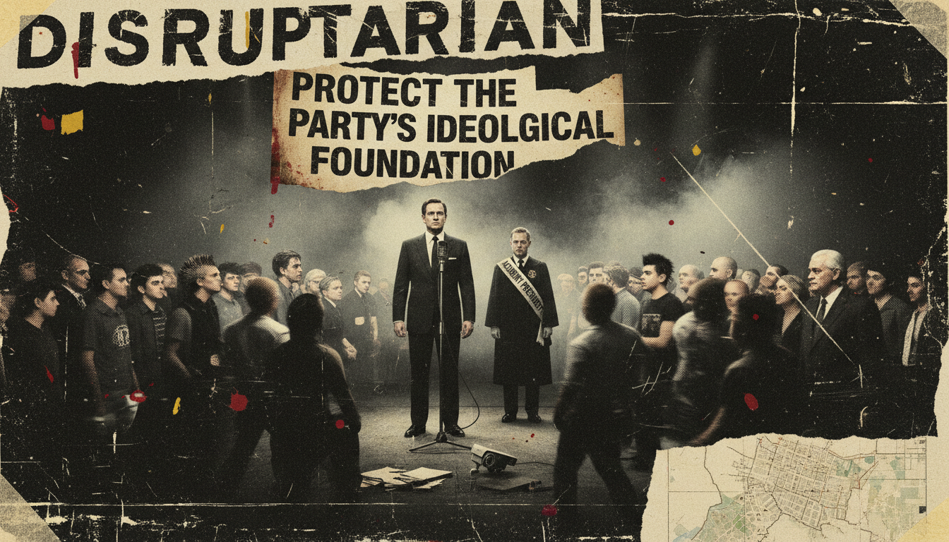 Punk‑rock poster of a Politburo member and Academy president at an ideological award ceremony