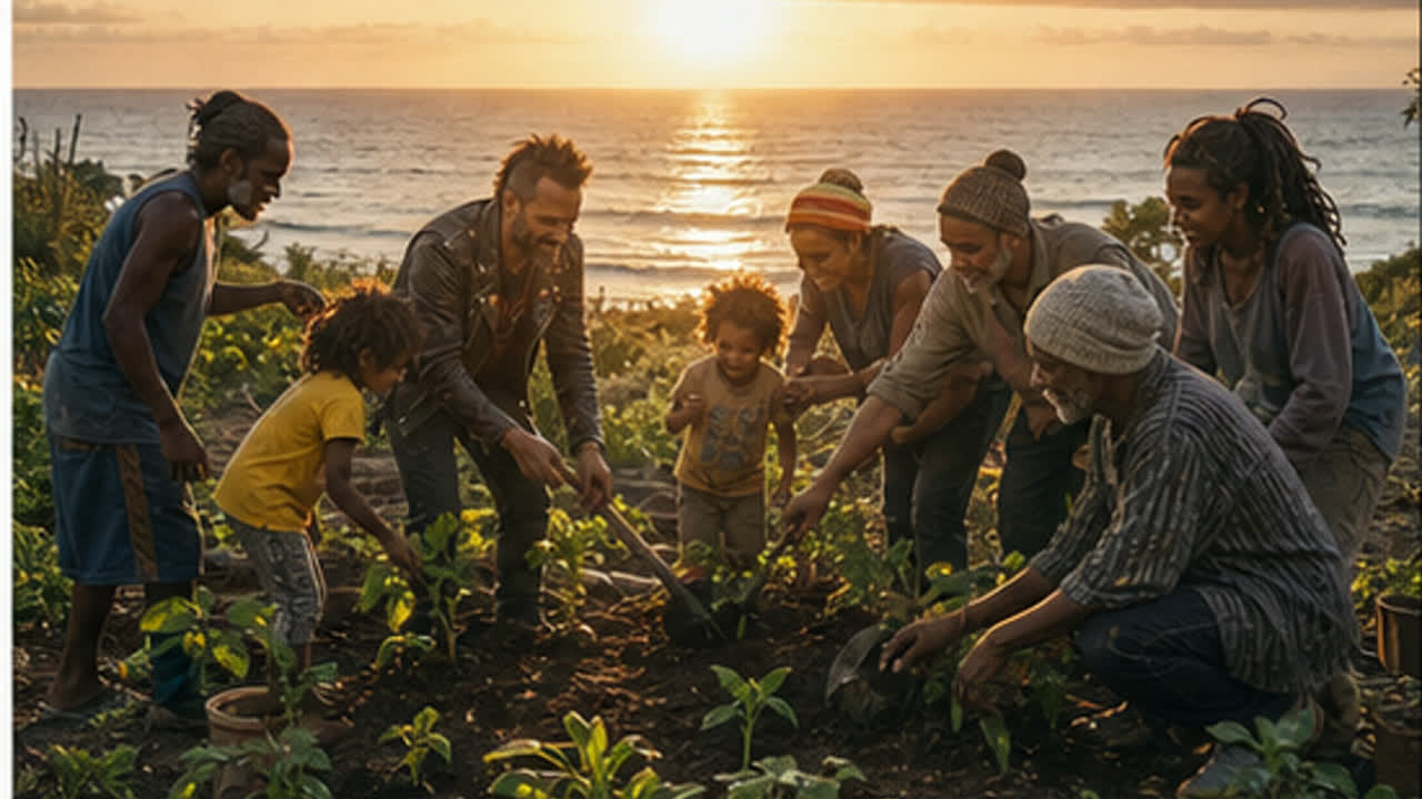 A punk-reggae singer plants a seed with a child at sunrise after leaving a road of clocks, symbolizing present action, family care, and freedom.