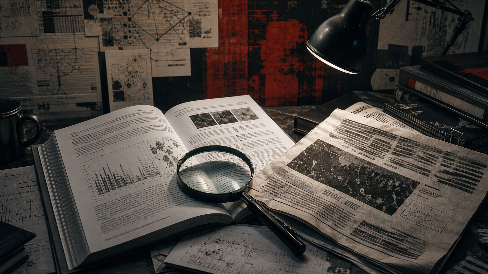 A magnifying glass resting on an academic journal and newspaper on a dark investigative desk.